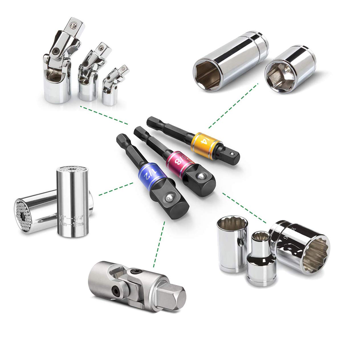 Right Angle Drill Adaptor,4-in-1 Impact Drill Bit Extension,360° Rotatable 1/4 3/8 1/2" Impact Grade Socket Adapter Set,105 Degree Angle Screwdriver Drill Bit for Household Workplace Industry