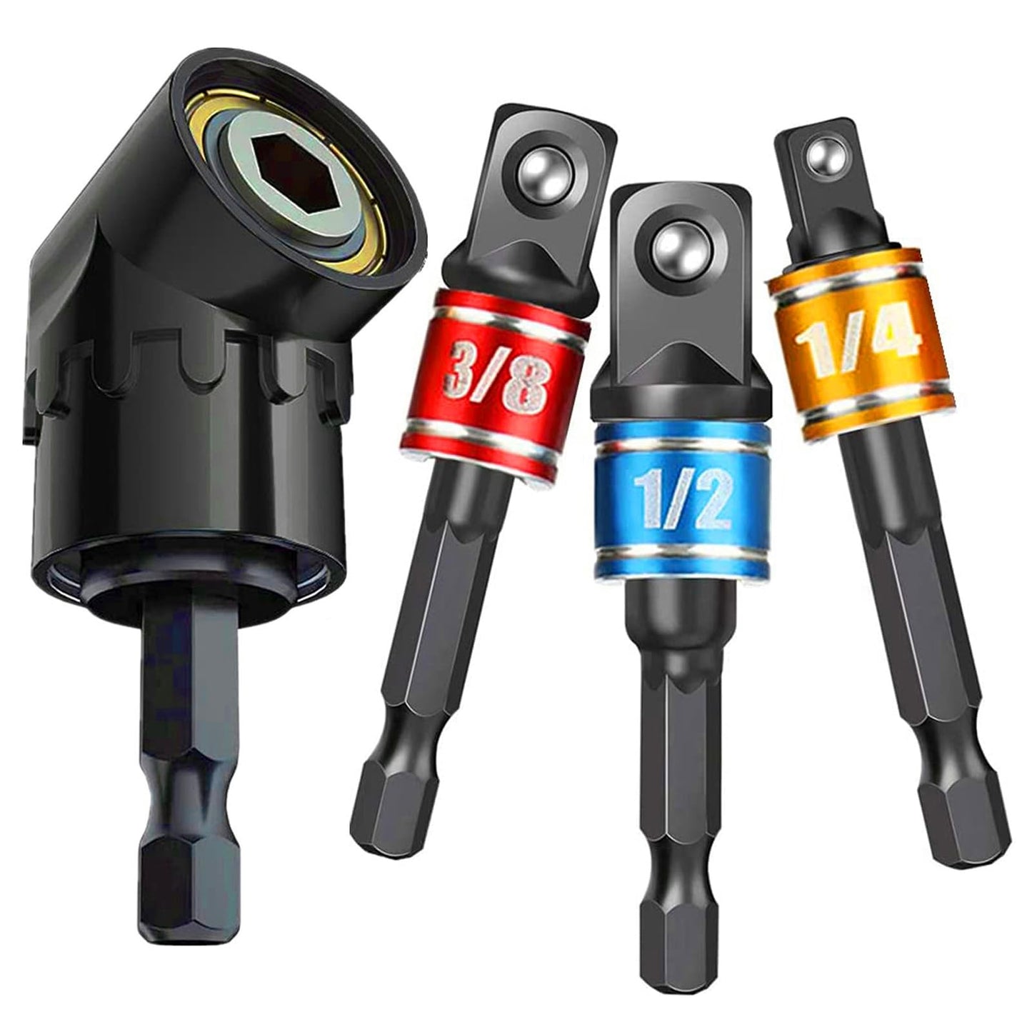 Right Angle Drill Adaptor,4-in-1 Impact Drill Bit Extension,360° Rotatable 1/4 3/8 1/2" Impact Grade Socket Adapter Set,105 Degree Angle Screwdriver Drill Bit for Household Workplace Industry