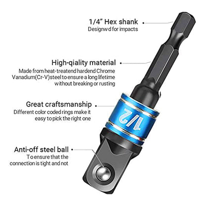 Right Angle Drill Adaptor,4-in-1 Impact Drill Bit Extension,360° Rotatable 1/4 3/8 1/2" Impact Grade Socket Adapter Set,105 Degree Angle Screwdriver Drill Bit for Household Workplace Industry