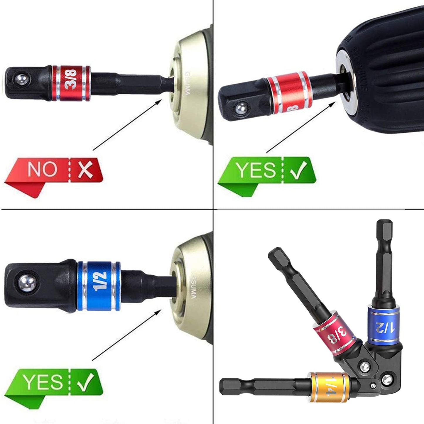 Right Angle Drill Adaptor,4-in-1 Impact Drill Bit Extension,360° Rotatable 1/4 3/8 1/2" Impact Grade Socket Adapter Set,105 Degree Angle Screwdriver Drill Bit for Household Workplace Industry
