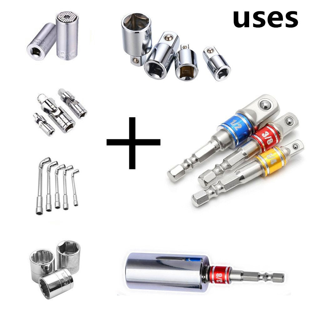 Right Angle Drill Adaptor,4-in-1 Impact Drill Bit Extension,360° Rotatable 1/4 3/8 1/2" Impact Grade Socket Adapter Set,105 Degree Angle Screwdriver Drill Bit for Household Workplace Industry