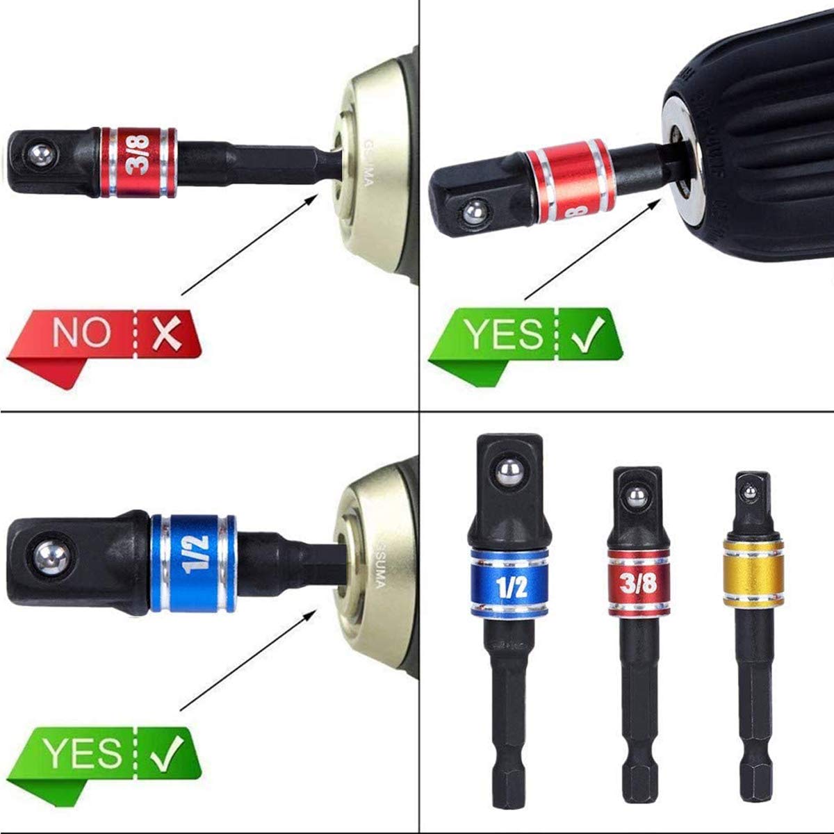 Right Angle Drill Adaptor,4-in-1 Impact Drill Bit Extension,360° Rotatable 1/4 3/8 1/2" Impact Grade Socket Adapter Set,105 Degree Angle Screwdriver Drill Bit for Household Workplace Industry