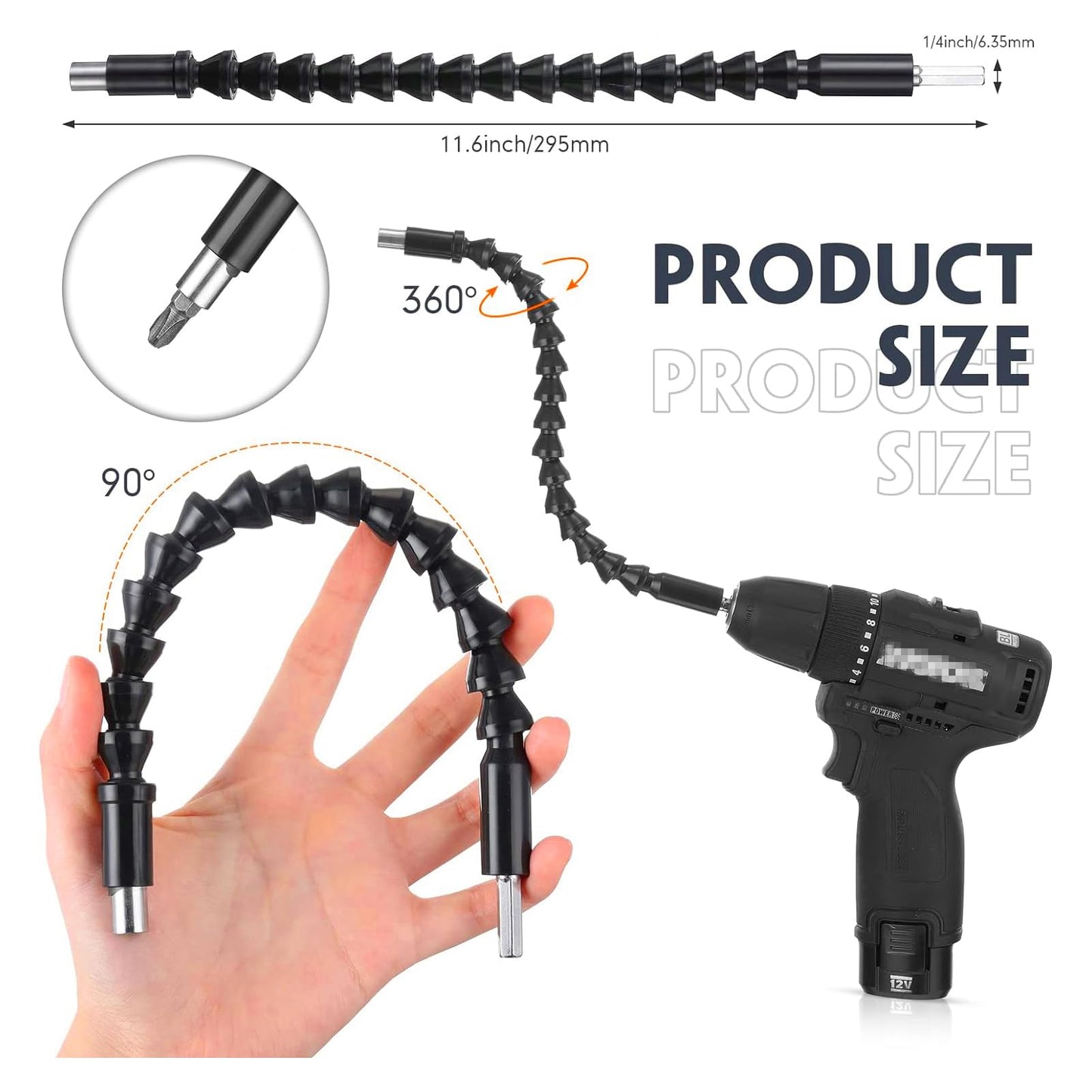 Right Angle Drill Adaptor,4-in-1 Impact Drill Bit Extension,360° Rotatable 1/4 3/8 1/2" Impact Grade Socket Adapter Set,105 Degree Angle Screwdriver Drill Bit for Household Workplace Industry