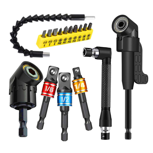 Right Angle Drill Adaptor,4-in-1 Impact Drill Bit Extension,360° Rotatable 1/4 3/8 1/2" Impact Grade Socket Adapter Set,105 Degree Angle Screwdriver Drill Bit for Household Workplace Industry