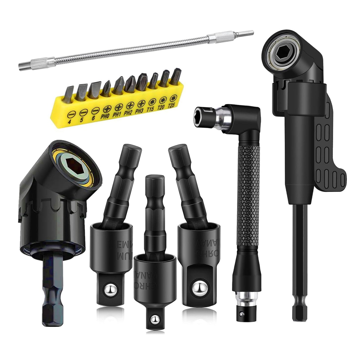 Right Angle Drill Adaptor,4-in-1 Impact Drill Bit Extension,360° Rotatable 1/4 3/8 1/2" Impact Grade Socket Adapter Set,105 Degree Angle Screwdriver Drill Bit for Household Workplace Industry