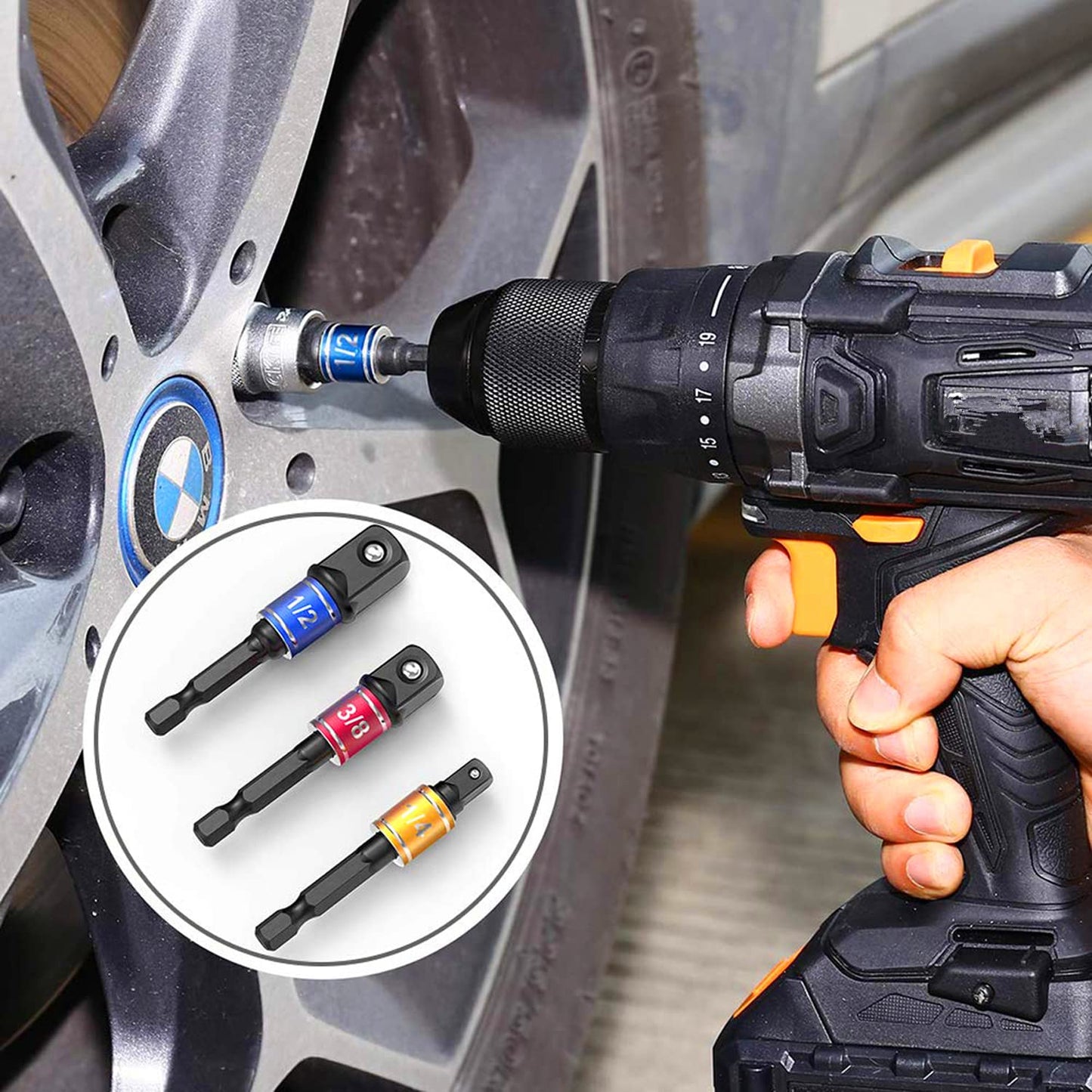 Right Angle Drill Adaptor,4-in-1 Impact Drill Bit Extension,360° Rotatable 1/4 3/8 1/2" Impact Grade Socket Adapter Set,105 Degree Angle Screwdriver Drill Bit for Household Workplace Industry