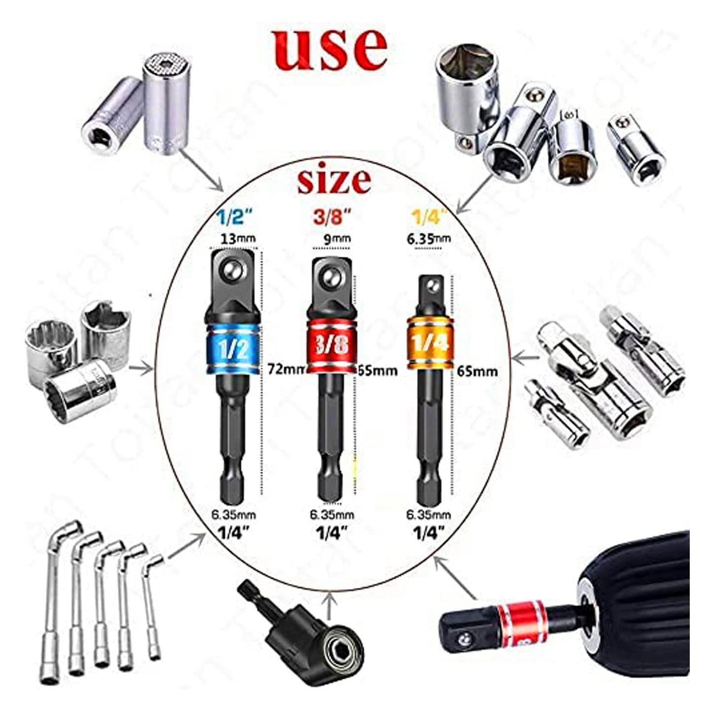 Right Angle Drill Adaptor,4-in-1 Impact Drill Bit Extension,360° Rotatable 1/4 3/8 1/2" Impact Grade Socket Adapter Set,105 Degree Angle Screwdriver Drill Bit for Household Workplace Industry