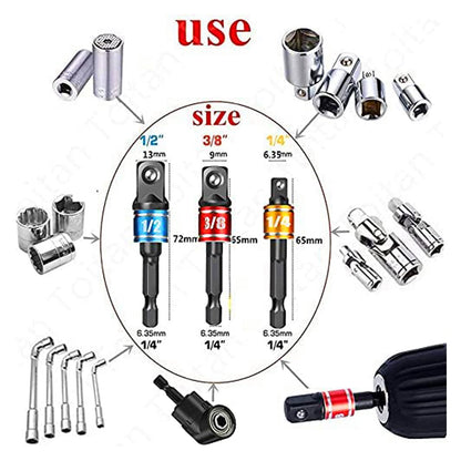 Right Angle Drill Adaptor,4-in-1 Impact Drill Bit Extension,360° Rotatable 1/4 3/8 1/2" Impact Grade Socket Adapter Set,105 Degree Angle Screwdriver Drill Bit for Household Workplace Industry