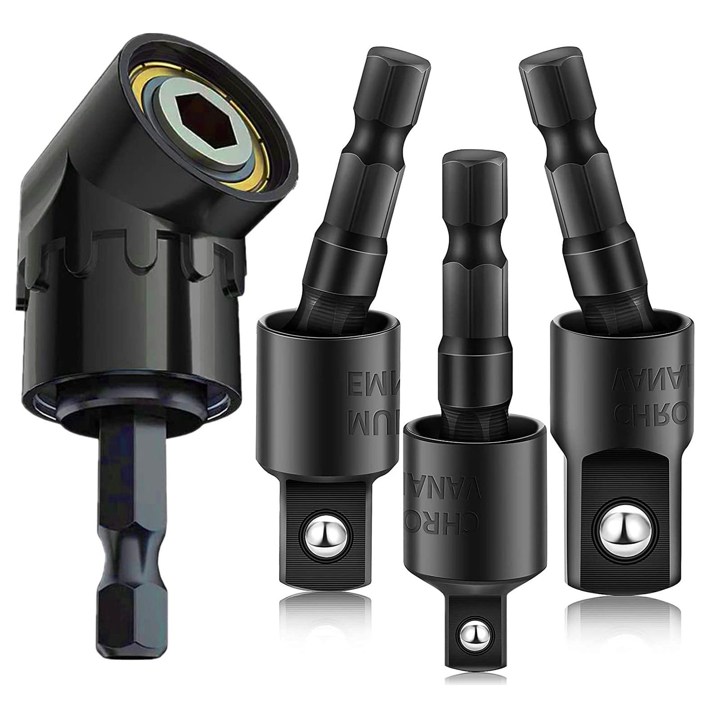 Right Angle Drill Adaptor,4-in-1 Impact Drill Bit Extension,360° Rotatable 1/4 3/8 1/2" Impact Grade Socket Adapter Set,105 Degree Angle Screwdriver Drill Bit for Household Workplace Industry