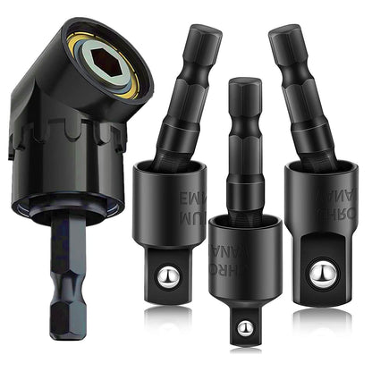 Right Angle Drill Adaptor,4-in-1 Impact Drill Bit Extension,360° Rotatable 1/4 3/8 1/2" Impact Grade Socket Adapter Set,105 Degree Angle Screwdriver Drill Bit for Household Workplace Industry