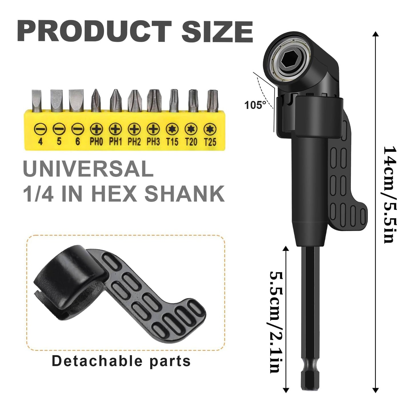 Right Angle Drill Adaptor,4-in-1 Impact Drill Bit Extension,360° Rotatable 1/4 3/8 1/2" Impact Grade Socket Adapter Set,105 Degree Angle Screwdriver Drill Bit for Household Workplace Industry