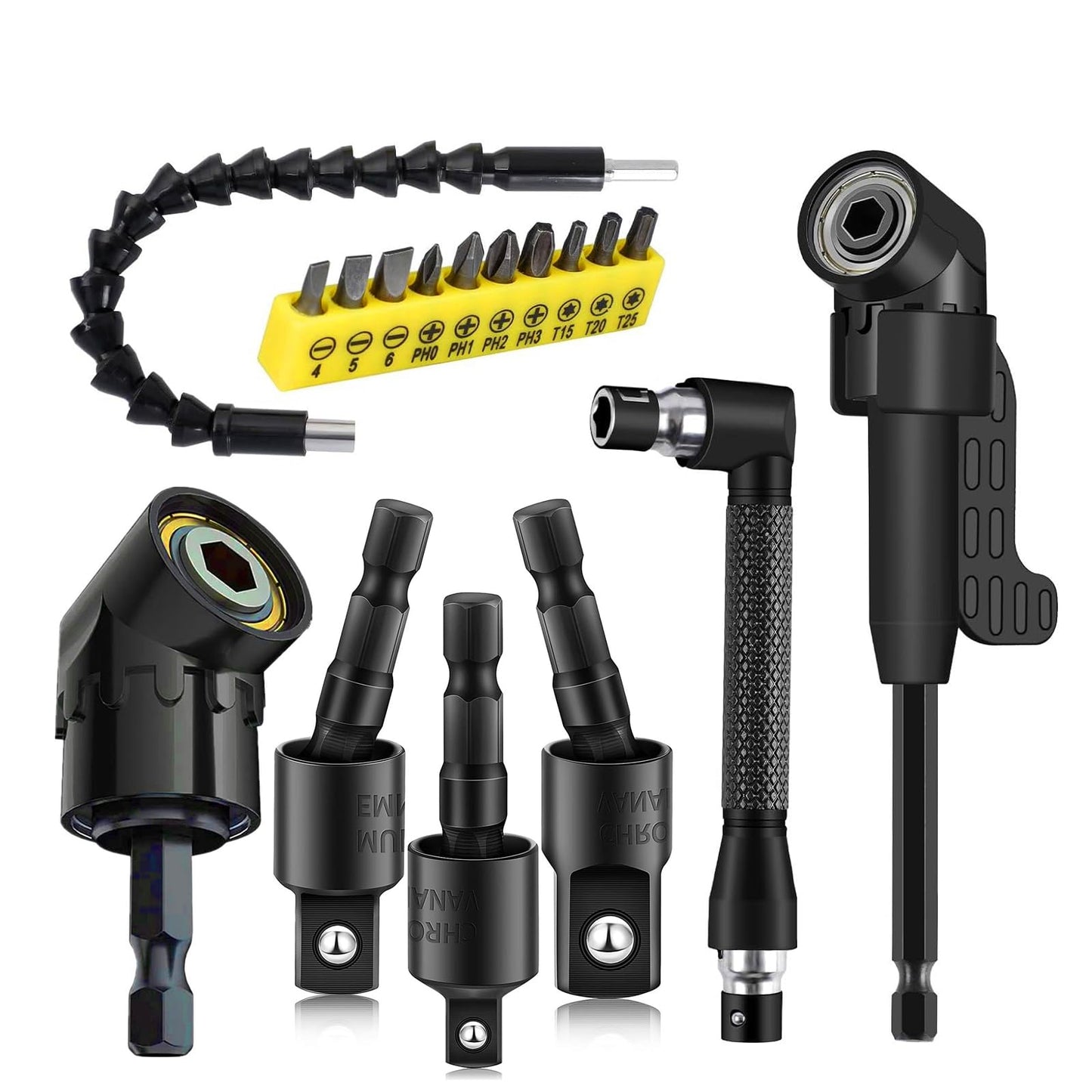 Right Angle Drill Adaptor,4-in-1 Impact Drill Bit Extension,360° Rotatable 1/4 3/8 1/2" Impact Grade Socket Adapter Set,105 Degree Angle Screwdriver Drill Bit for Household Workplace Industry