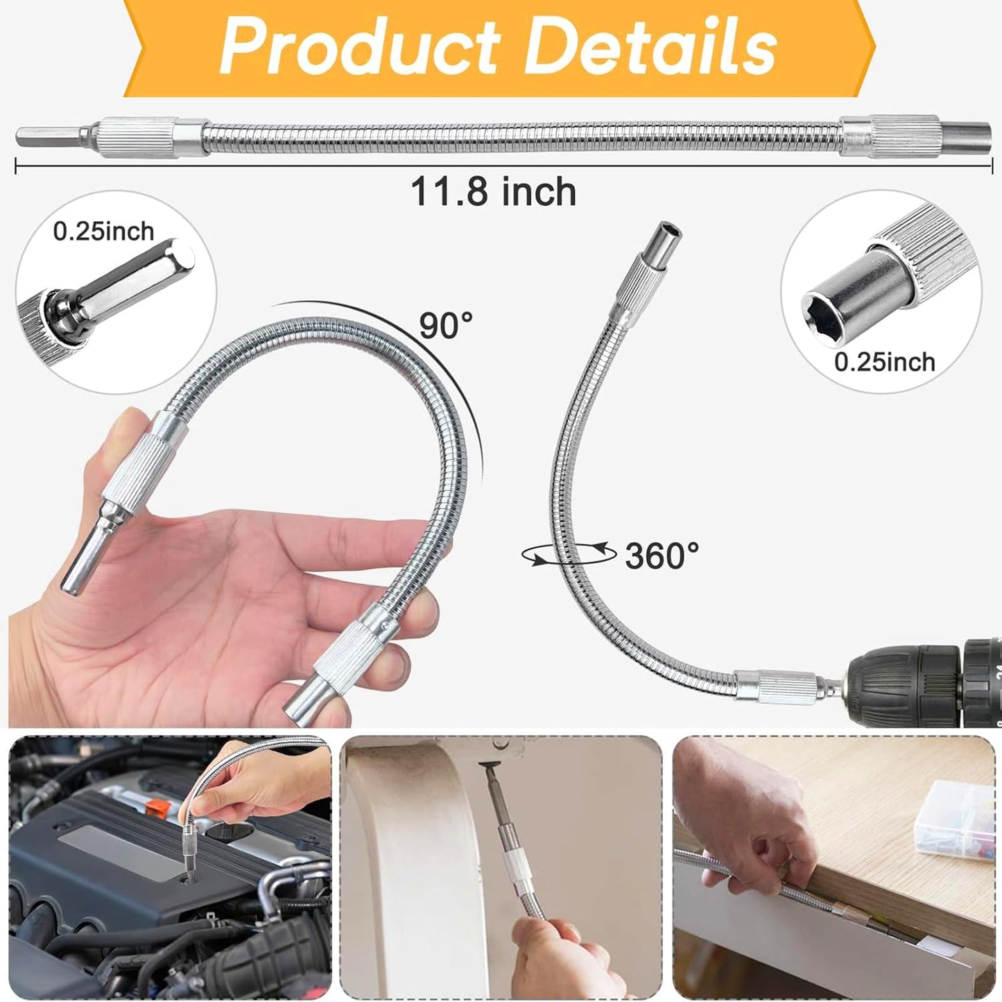 Right Angle Drill Adaptor,4-in-1 Impact Drill Bit Extension,360° Rotatable 1/4 3/8 1/2" Impact Grade Socket Adapter Set,105 Degree Angle Screwdriver Drill Bit for Household Workplace Industry