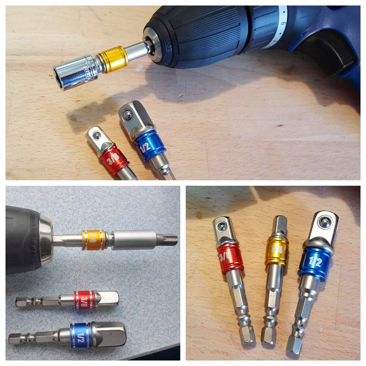 Right Angle Drill Adaptor,4-in-1 Impact Drill Bit Extension,360° Rotatable 1/4 3/8 1/2" Impact Grade Socket Adapter Set,105 Degree Angle Screwdriver Drill Bit for Household Workplace Industry