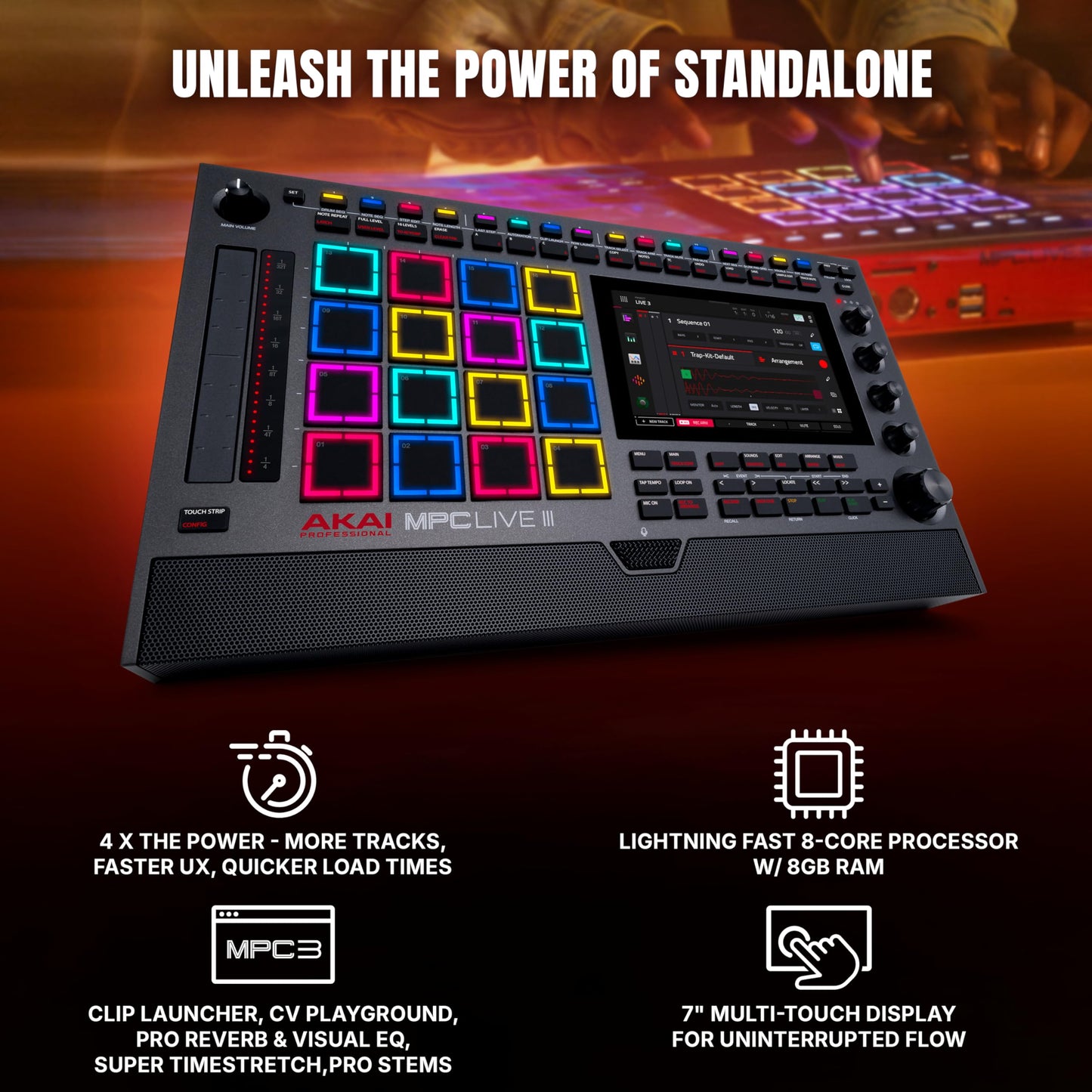 Akai Professional MPC Live III Standalone Portable Music Production Center with MPCe Pads, Sequencer, Touchscreen, Mic, Stereo Monitors, Audio Interface, Wi-Fi, Bluetooth, Battery, Touchstrip