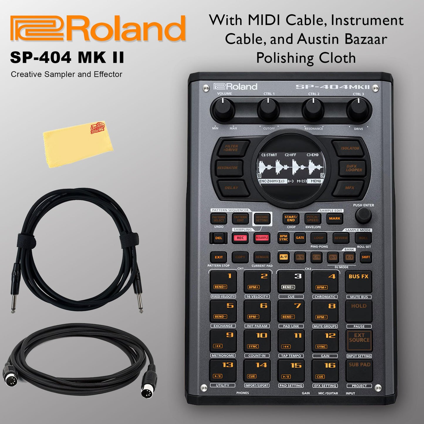 Roland SP-404MKII Creative Sampler and Effector Bundle with MIDI Cable, Instrument Cable, and Austin Bazaar Polishing Cloth