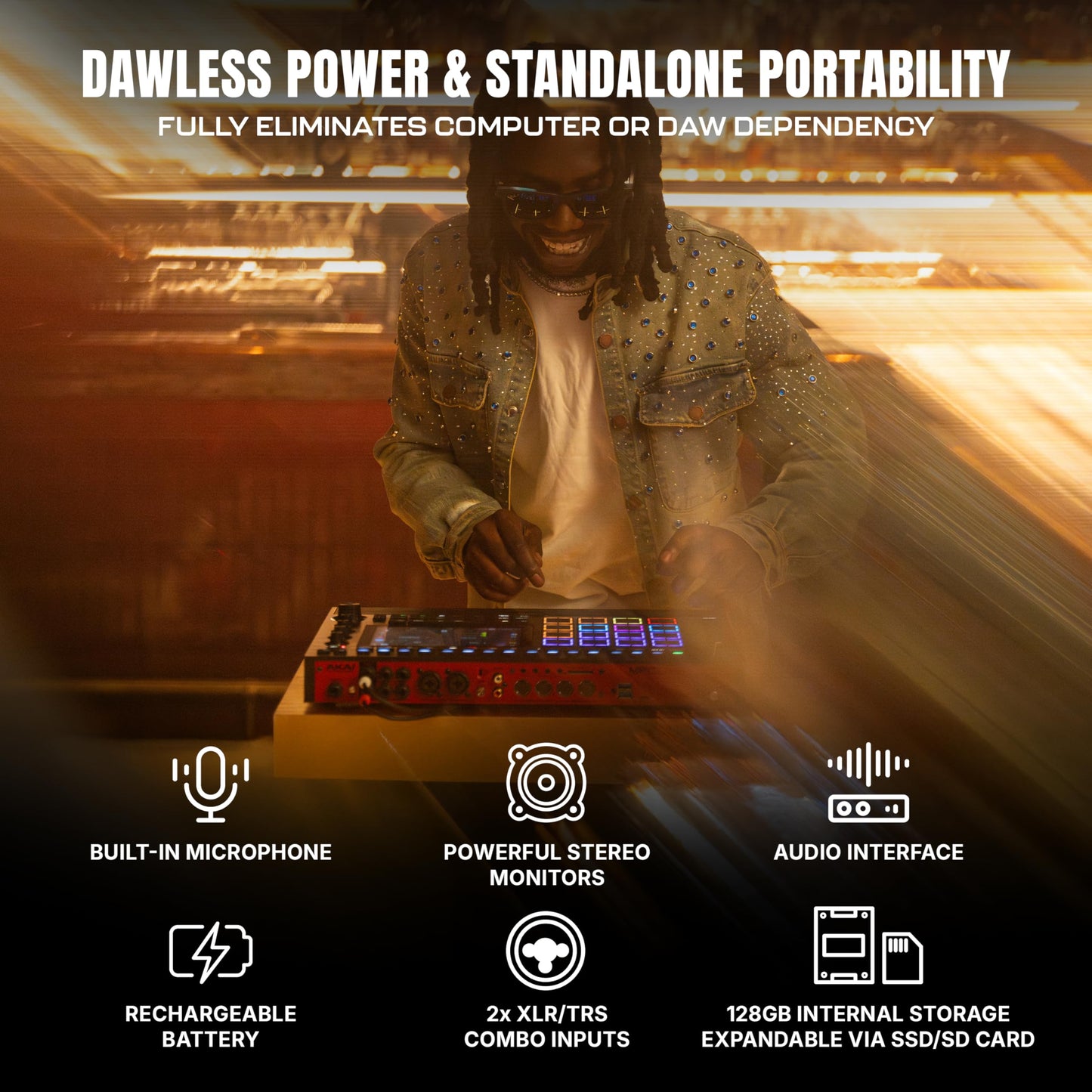 Akai Professional MPC Live III Standalone Portable Music Production Center with MPCe Pads, Sequencer, Touchscreen, Mic, Stereo Monitors, Audio Interface, Wi-Fi, Bluetooth, Battery, Touchstrip